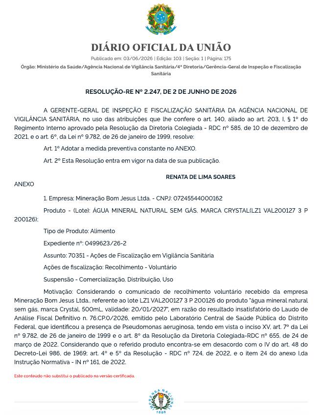 anvisa recolhimento água crystal